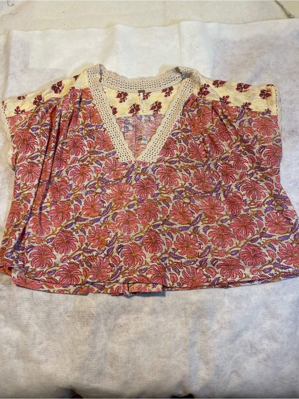 Free People Leilani Floral Mixed Print Crochet Trim V-Neck Boho Crop Top